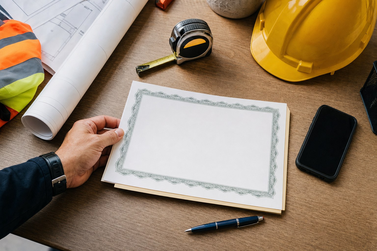 Contractor reviewing a certificate-style document at a work desk