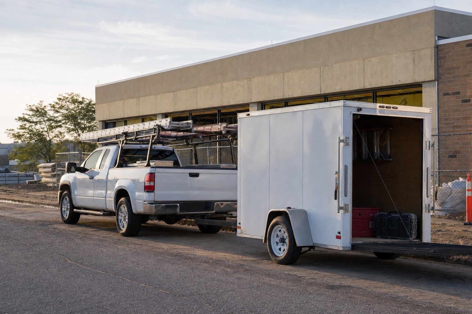 Contractor pickup with ladder rack and enclosed utility trailer at a jobsite