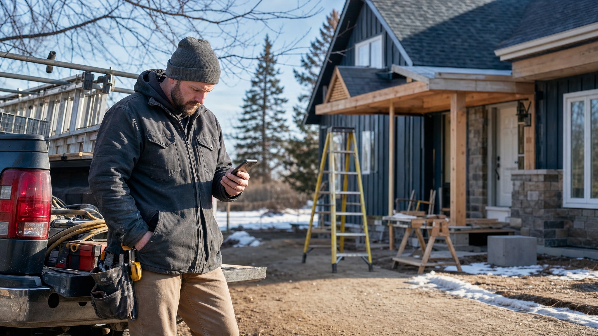 Contractor checking a phone beside a work truck at a residential jobsite