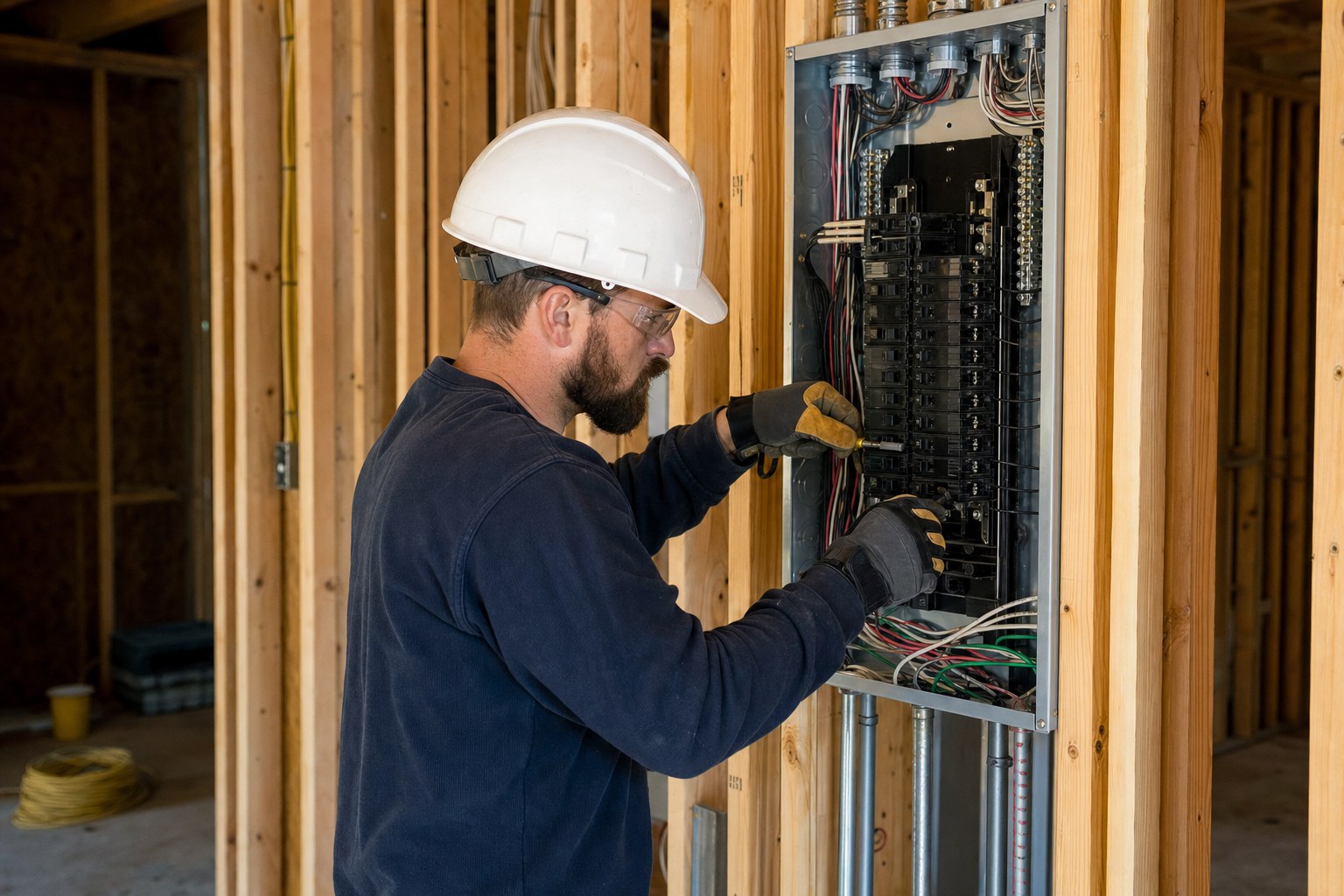 Electrician safely working inside a commercial electrical panel