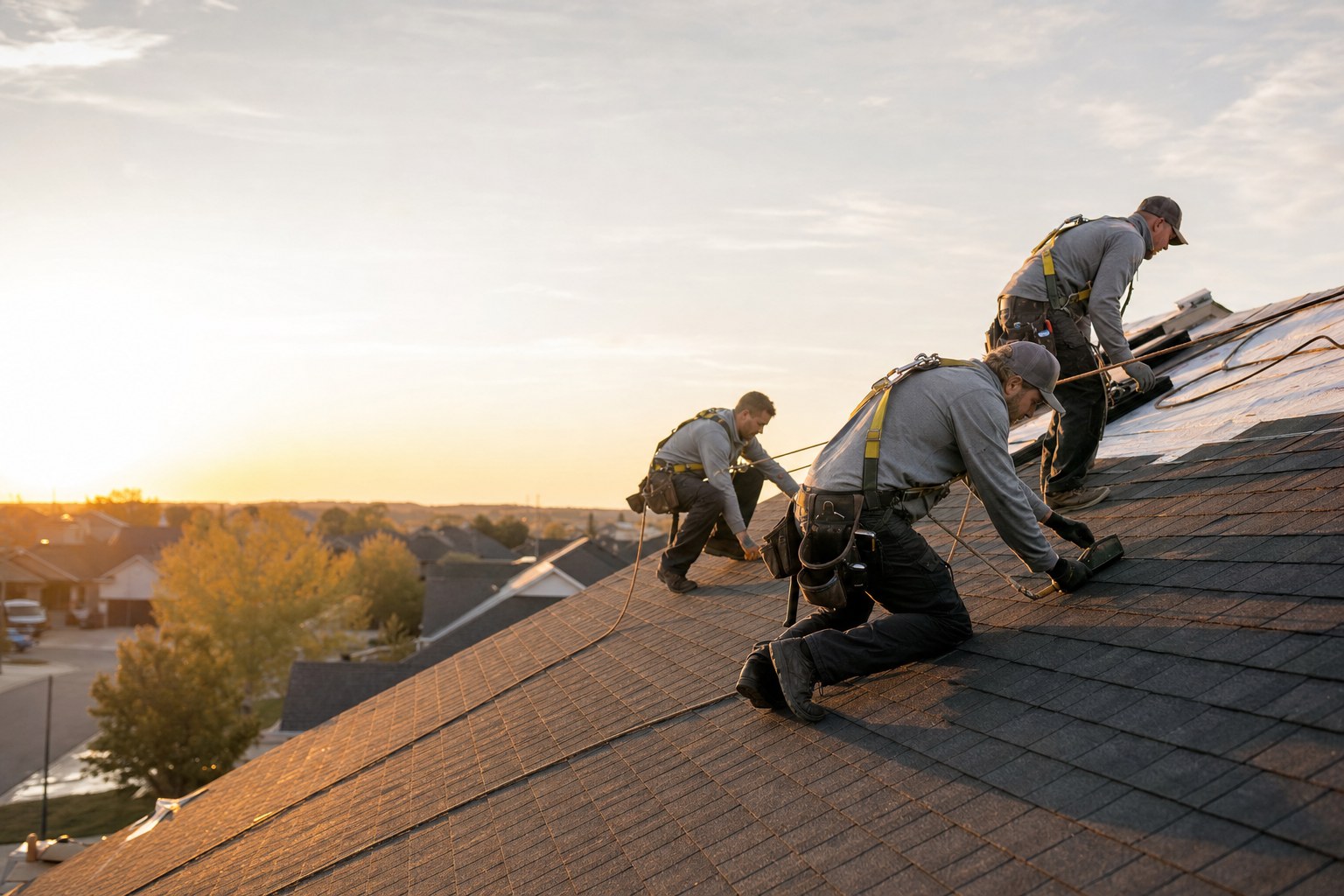 Roofing crew working at sunrise