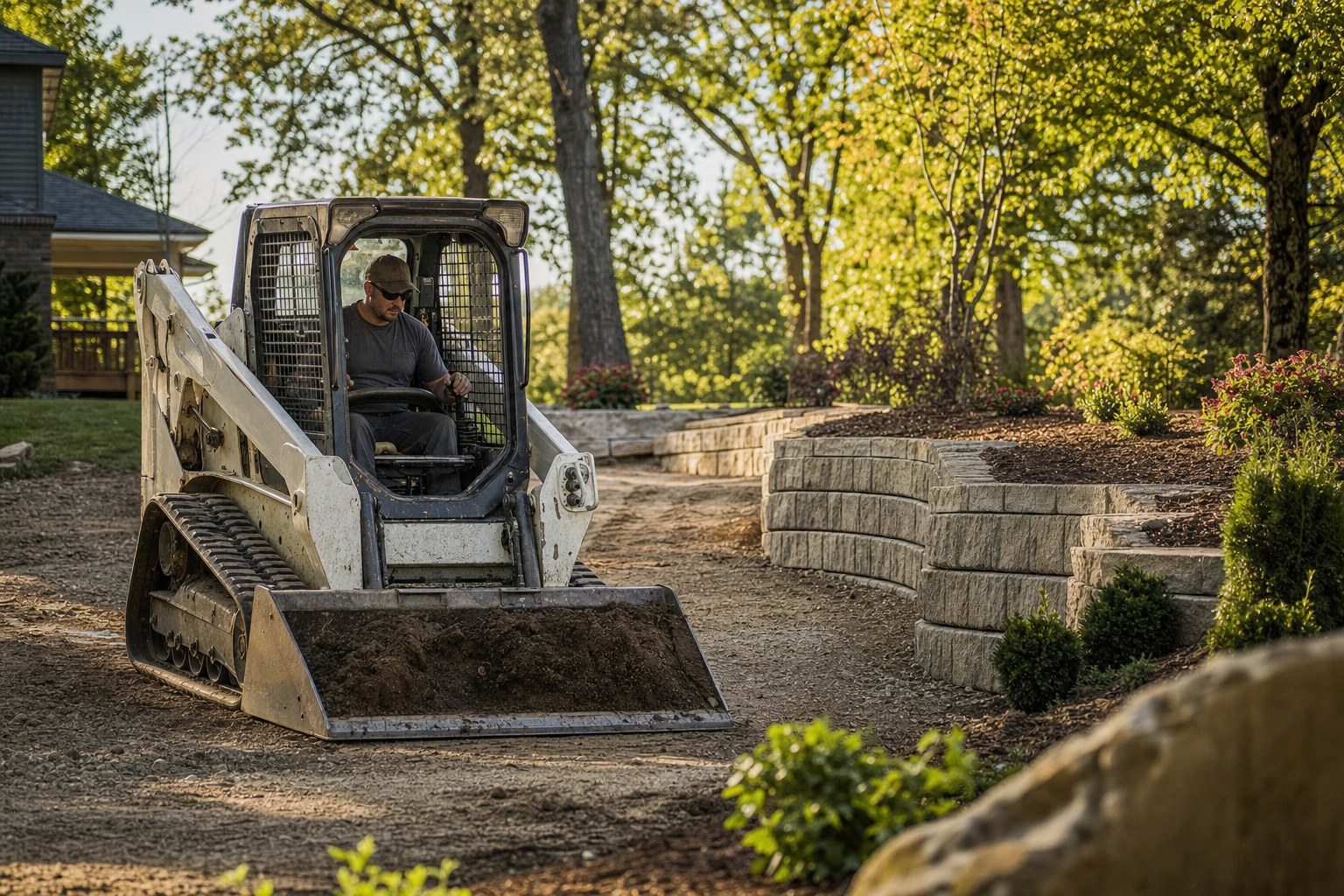 Landscaper operating a compact track loader beside a stone retaining wall