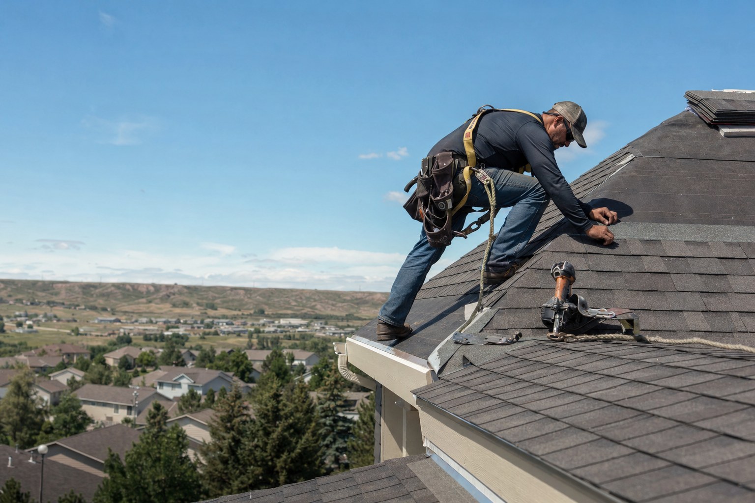 Roofer installing shingles on a steep-slope roof