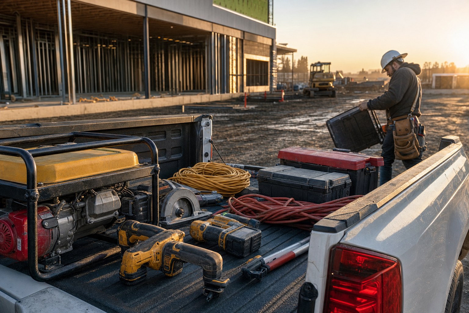 Contractor tools organised in a pickup bed at a jobsite