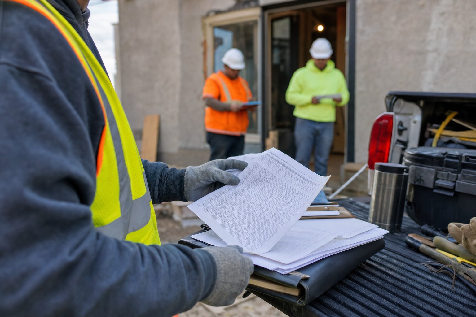 Construction foreman reviewing payroll paperwork at a jobsite